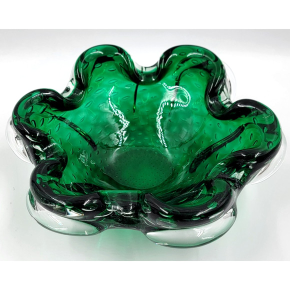Murano Green Bullicante Controlled Bubble Art Glass Bowl Ruffled Edge 8" Italy - Picture 4 of 9